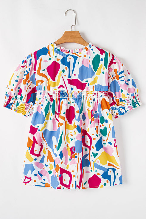 Abstract Print Shirred Cuff Puff Sleeve Blouse