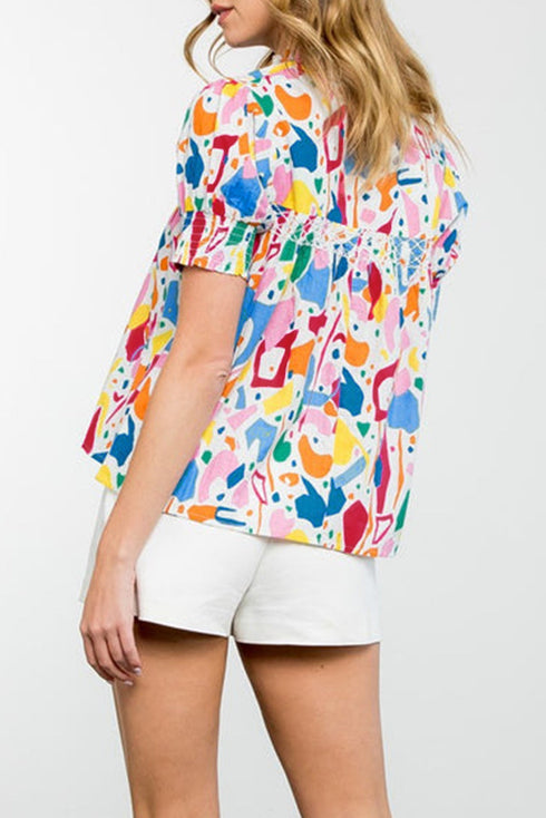 Abstract Print Shirred Cuff Puff Sleeve Blouse