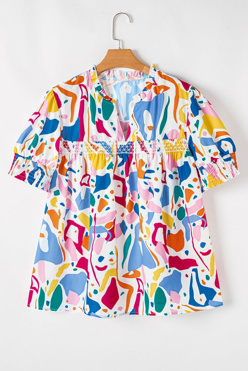 Abstract Print Shirred Cuff Puff Sleeve Blouse