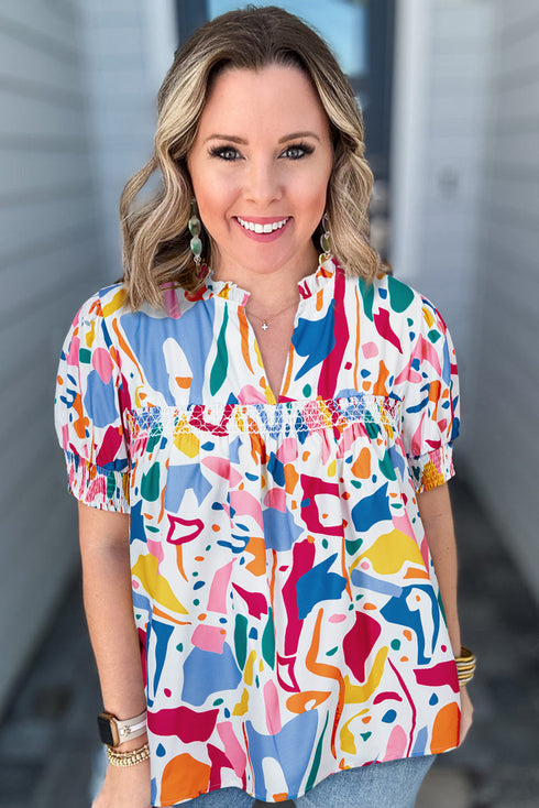 Abstract Print Shirred Cuff Puff Sleeve Blouse