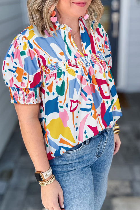 Abstract Print Shirred Cuff Puff Sleeve Blouse