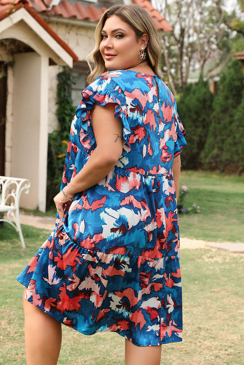 Abstract Print Shirred Ruffled Tiered Short Sleeve Mini Dress