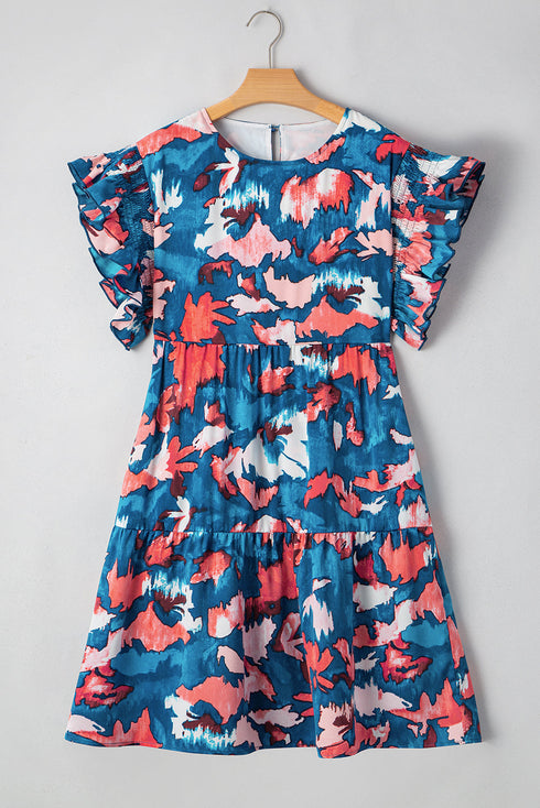 Abstract Print Shirred Ruffled Tiered Short Sleeve Mini Dress