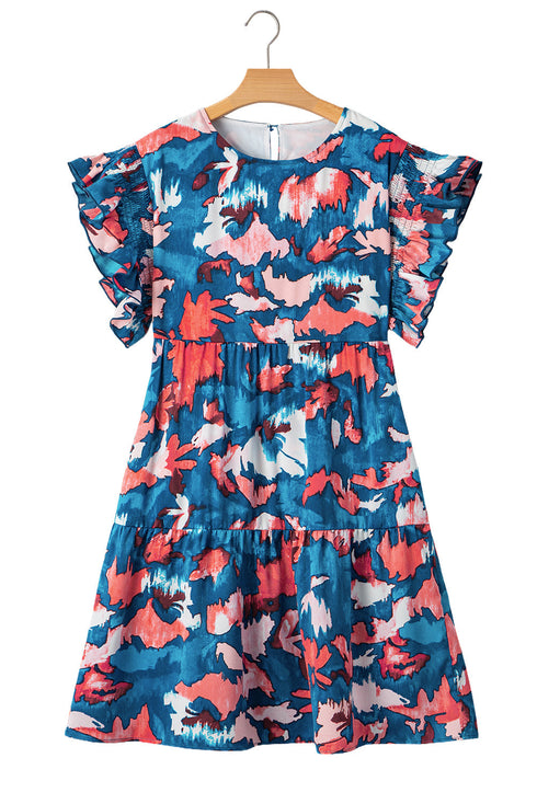 Abstract Print Shirred Ruffled Tiered Short Sleeve Mini Dress