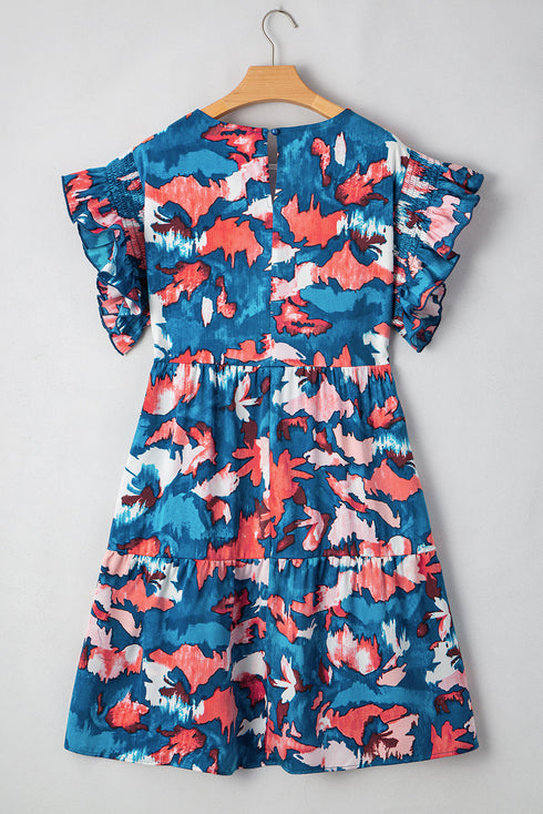 Abstract Print Shirred Ruffled Tiered Short Sleeve Mini Dress