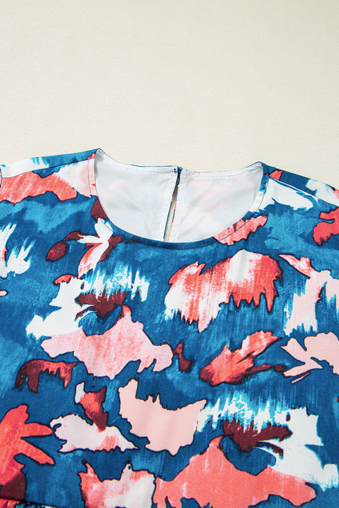 Abstract Print Shirred Ruffled Tiered Short Sleeve Mini Dress
