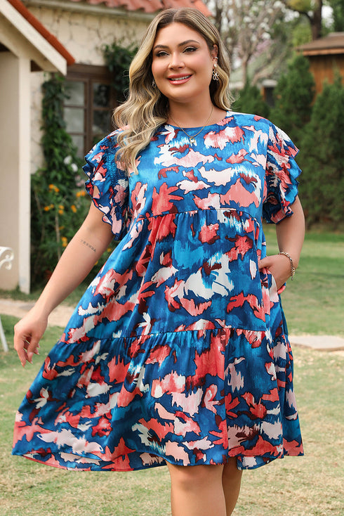 Abstract Print Shirred Ruffled Tiered Short Sleeve Mini Dress