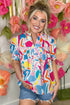 Abstract Print Shirred Short Sleeve Split Neck Blouse