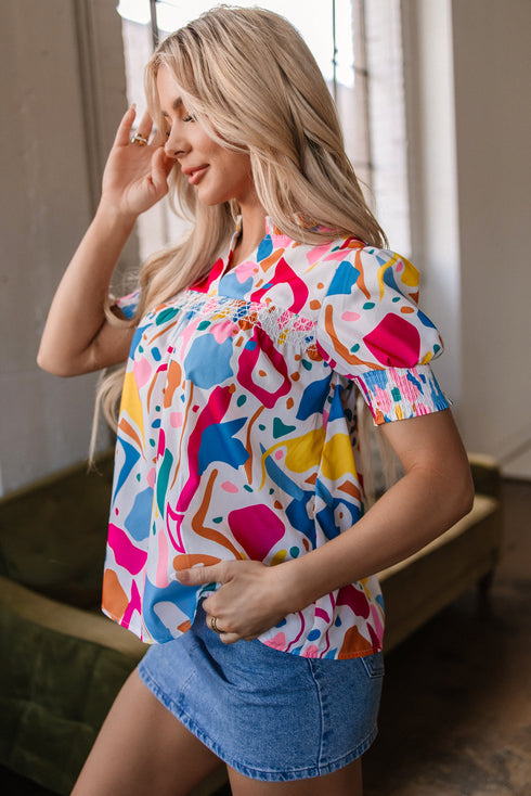 Abstract Print Shirred Short Sleeve Split Neck Blouse