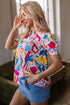 Abstract Print Shirred Short Sleeve Split Neck Blouse