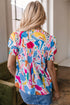 Abstract Print Shirred Short Sleeve Split Neck Blouse
