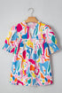 Abstract Print Shirred Short Sleeve Split Neck Blouse