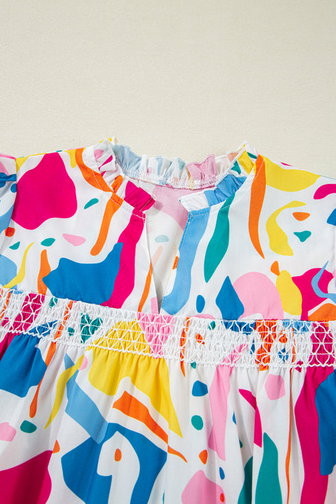 Abstract Print Shirred Short Sleeve Split Neck Blouse