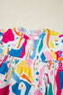 Abstract Print Shirred Short Sleeve Split Neck Blouse
