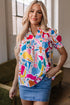 Abstract Print Shirred Short Sleeve Split Neck Blouse