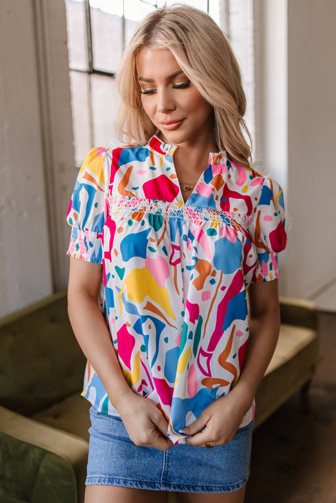 Abstract Print Shirred Short Sleeve Split Neck Blouse