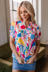 Abstract Print Shirred Short Sleeve Split Neck Blouse