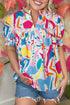 Abstract Print Shirred Short Sleeve Split Neck Blouse