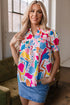 Abstract Print Shirred Short Sleeve Split Neck Blouse