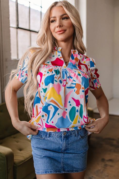 Abstract Print Shirred Short Sleeve Split Neck Blouse