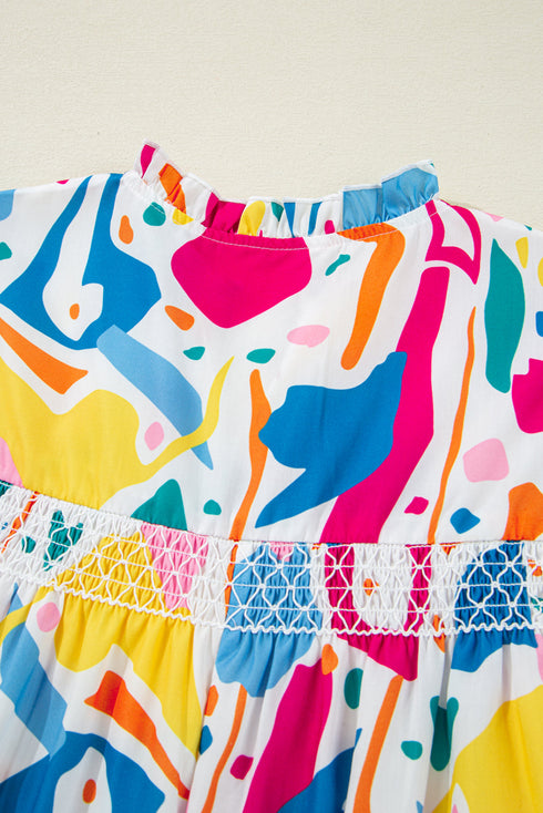 Abstract Print Shirred Short Sleeve Split Neck Blouse