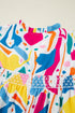 Abstract Print Shirred Short Sleeve Split Neck Blouse