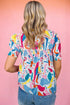 Abstract Print Shirred Short Sleeve Split Neck Blouse