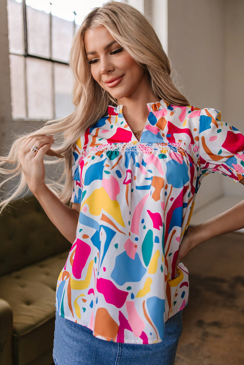 Abstract Print Shirred Short Sleeve Split Neck Blouse