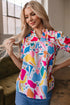 Abstract Print Shirred Short Sleeve Split Neck Blouse