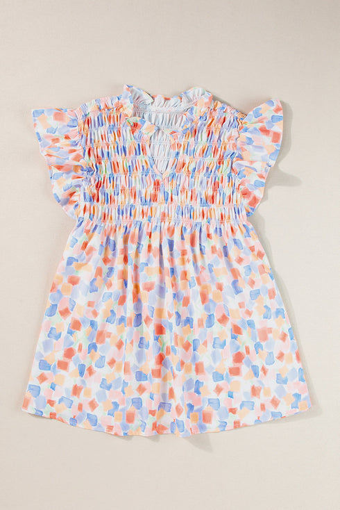 Abstract Print Shirred Yoke Ruffle Sleeve Relaxed Blouse