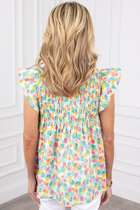 Abstract Print Shirred Yoke Ruffle Sleeve Relaxed Blouse