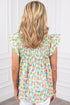 Abstract Print Shirred Yoke Ruffle Sleeve Relaxed Blouse