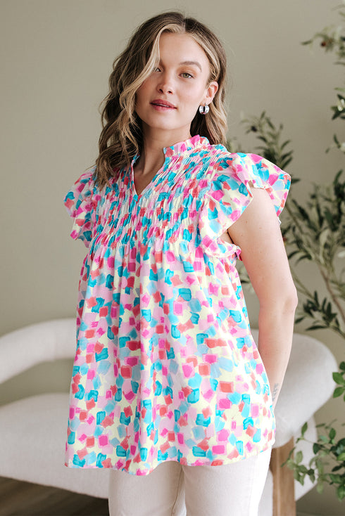 Abstract Print Shirred Yoke Ruffle Sleeve Relaxed Blouse