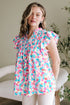 Abstract Print Shirred Yoke Ruffle Sleeve Relaxed Blouse