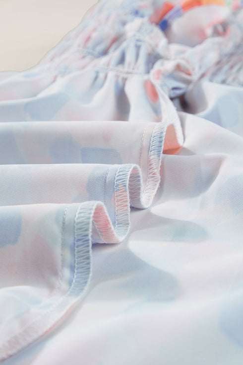 Abstract Print Shirred Yoke Ruffle Sleeve Relaxed Blouse