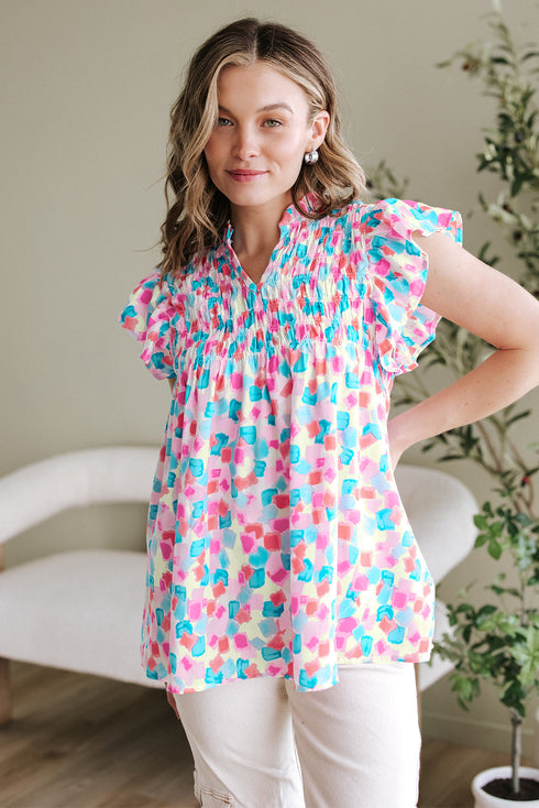 Abstract Print Shirred Yoke Ruffle Sleeve Relaxed Blouse