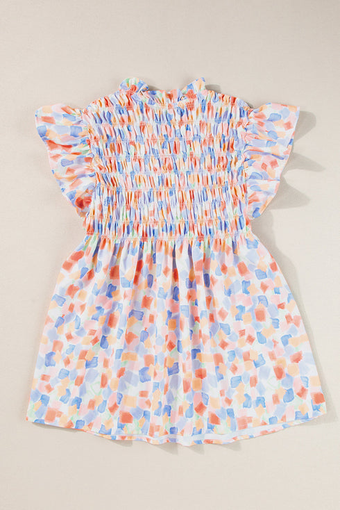Abstract Print Shirred Yoke Ruffle Sleeve Relaxed Blouse