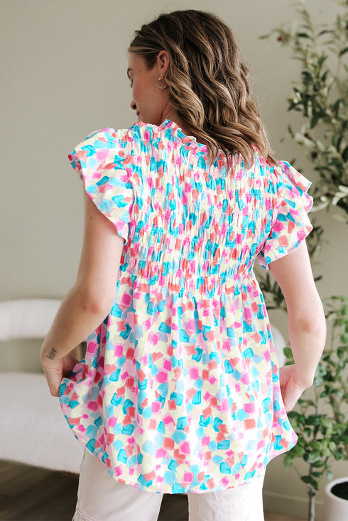 Abstract Print Shirred Yoke Ruffle Sleeve Relaxed Blouse