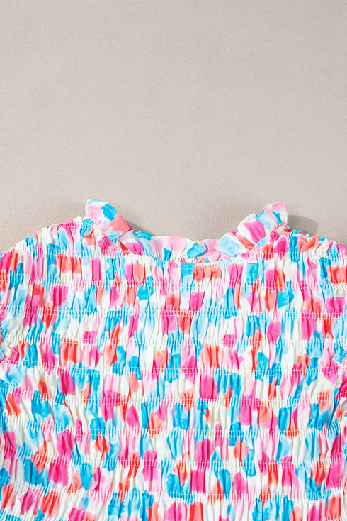 Abstract Print Shirred Yoke Ruffle Sleeve Relaxed Blouse