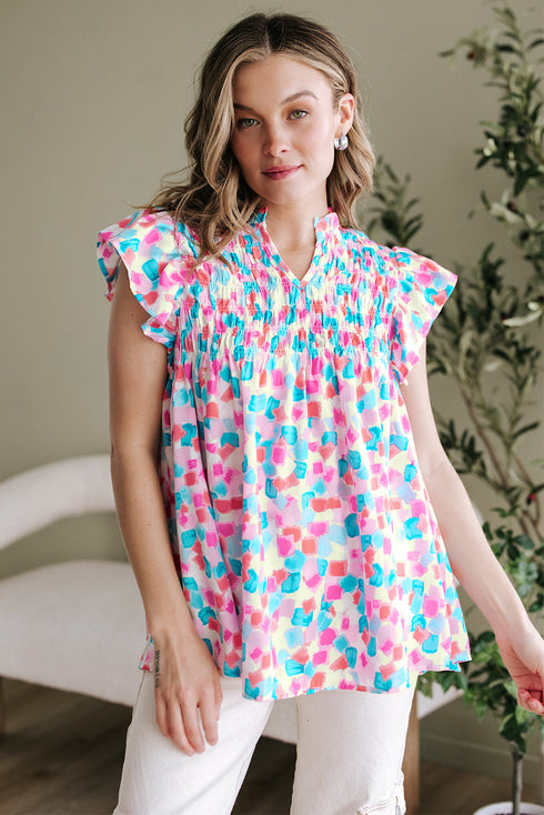 Abstract Print Shirred Yoke Ruffle Sleeve Relaxed Blouse