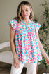 Abstract Print Shirred Yoke Ruffle Sleeve Relaxed Blouse