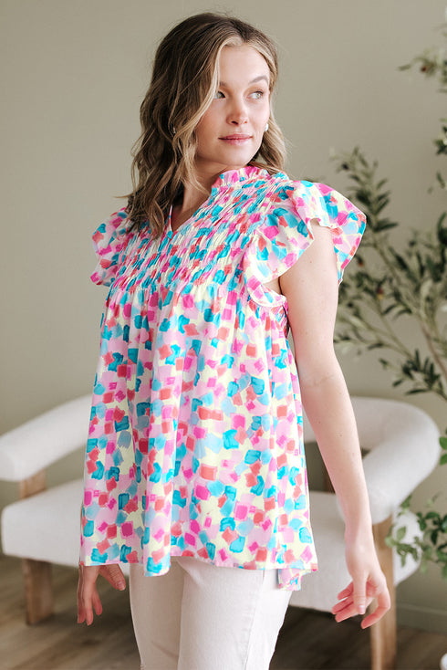 Abstract Print Shirred Yoke Ruffle Sleeve Relaxed Blouse