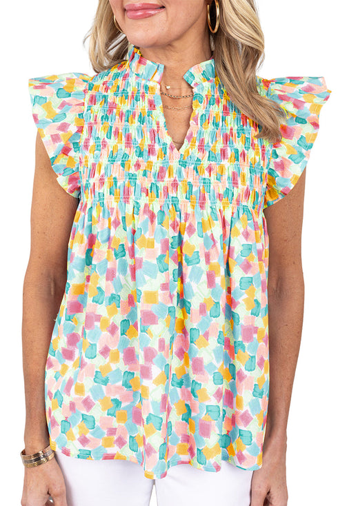 Abstract Print Shirred Yoke Ruffle Sleeve Relaxed Blouse