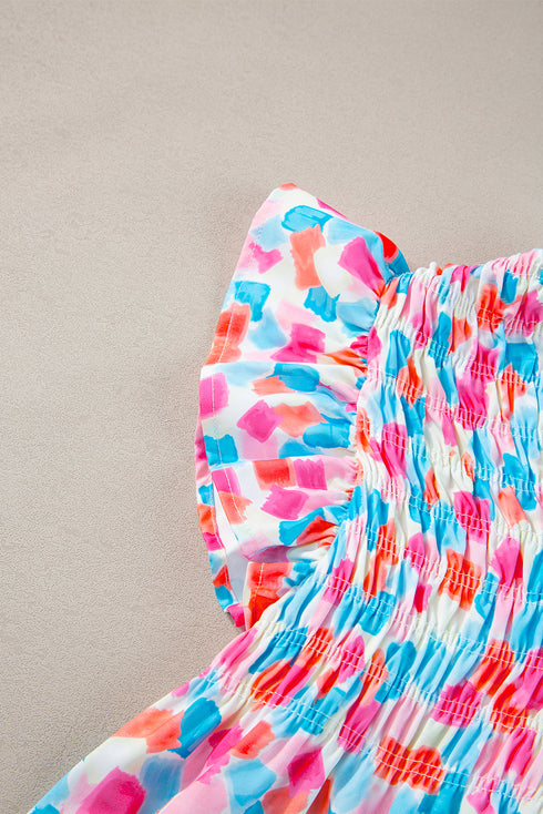 Abstract Print Shirred Yoke Ruffle Sleeve Relaxed Blouse