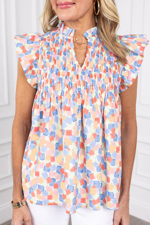 Abstract Print Shirred Yoke Ruffle Sleeve Relaxed Blouse