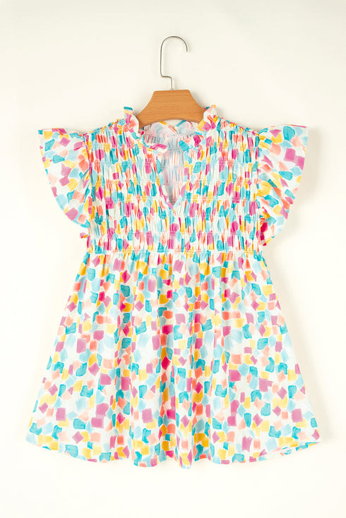 Abstract Print Shirred Yoke Ruffle Sleeve Relaxed Blouse
