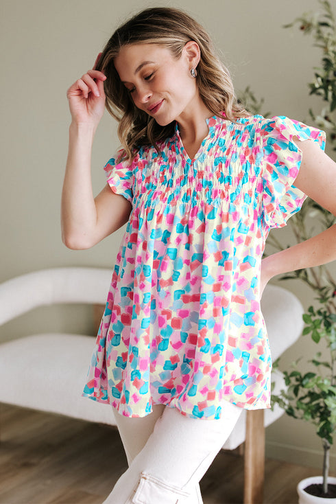Abstract Print Shirred Yoke Ruffle Sleeve Relaxed Blouse