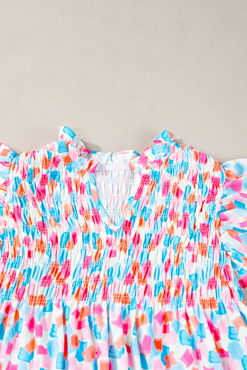 Abstract Print Shirred Yoke Ruffle Sleeve Relaxed Blouse