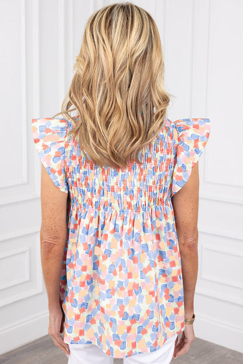 Abstract Print Shirred Yoke Ruffle Sleeve Relaxed Blouse
