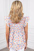 Abstract Print Shirred Yoke Ruffle Sleeve Relaxed Blouse